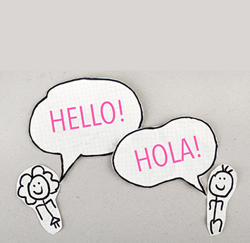 Cartoon characters saying HELLO and HOLA!