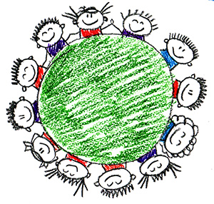 Back to school drawing of happy students around a globe